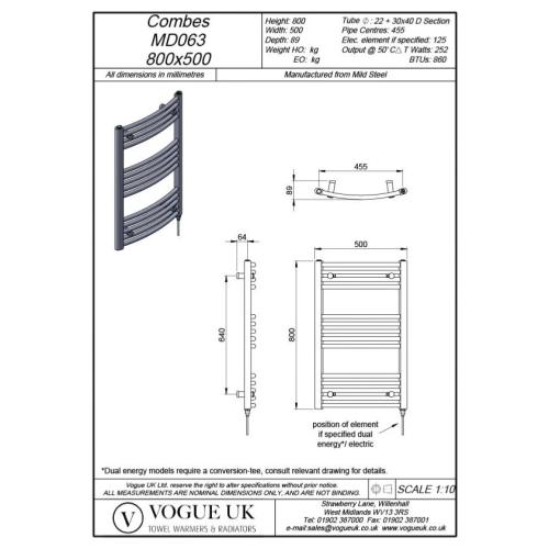 Vogue Combes 800 x 500mm Curved Ladder Towel Rail Heating Only Chrome 860BTU MD063 MS08050CP